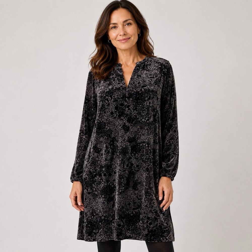 J Jill XL Silk Blend Velvet Burn Out Shift Dress Gray Long Sleeve Lagenlook